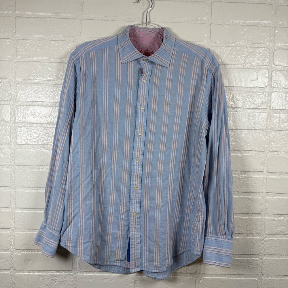 Robert Graham Shirt Men Large Blue White Vertical Striped Pintuck Button Up Boho